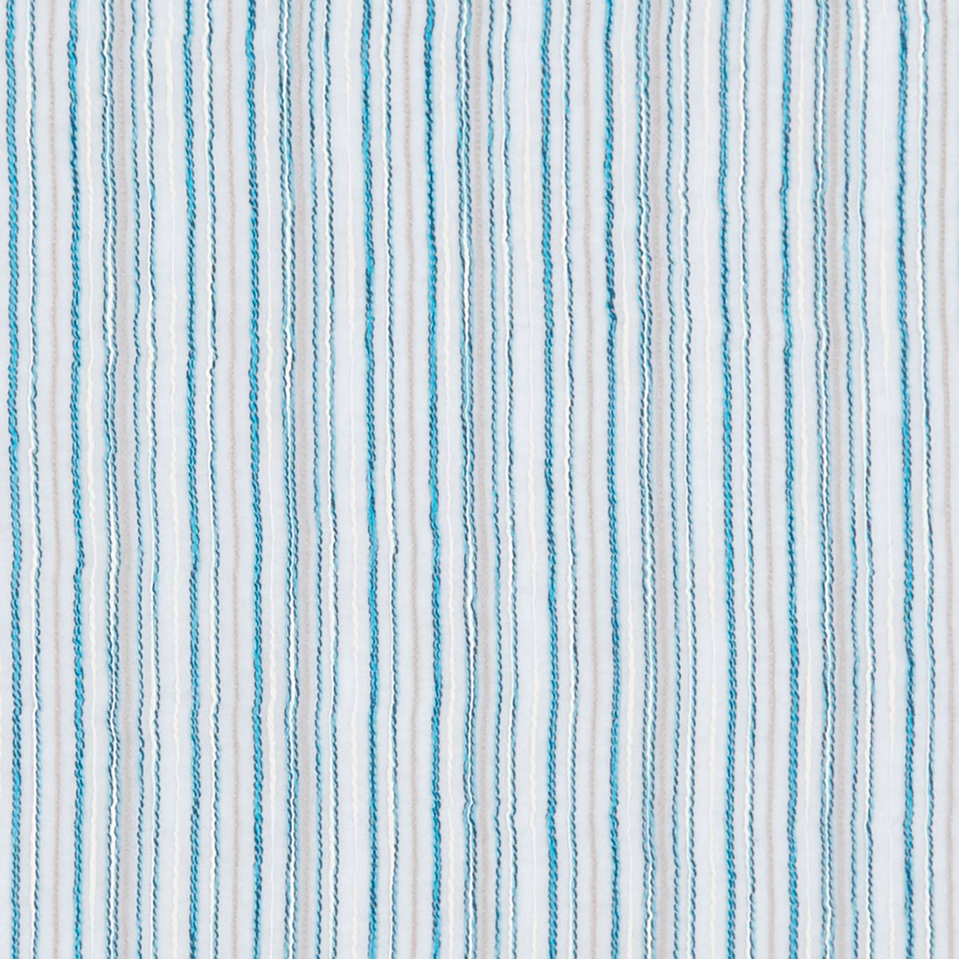 Pale blue-white sheer with closely spaced, irregular kingfisher-turquoise vertical lines