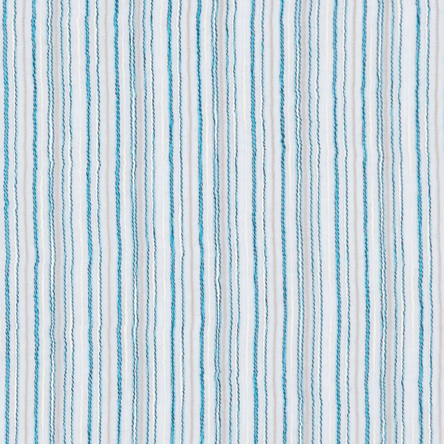 Pale blue-white sheer with closely spaced, irregular kingfisher-turquoise vertical lines