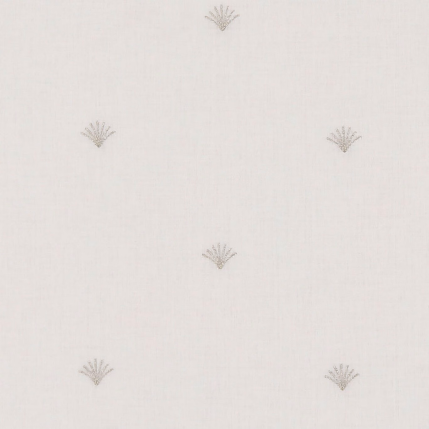 Pale ivory sheer with tiny taupe fan motifs and a softly grained weave