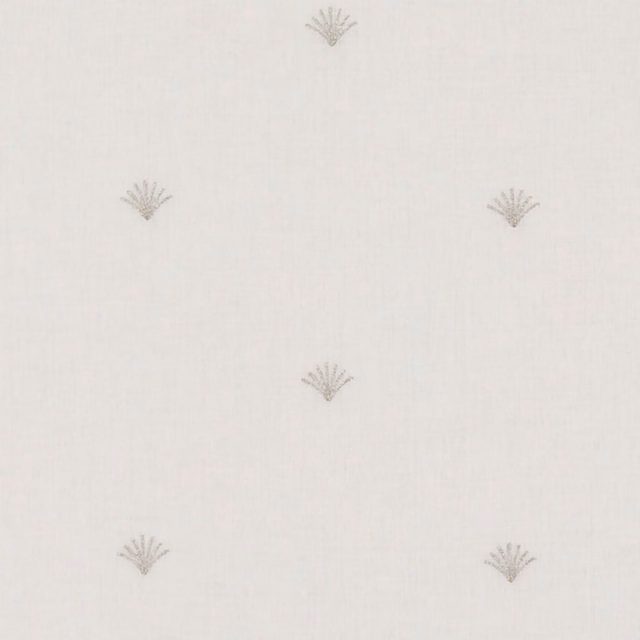 Pale ivory sheer with tiny taupe fan motifs and a softly grained weave