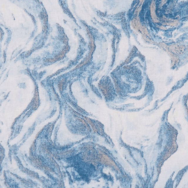 Pale chambray blue and white sheer with large swirling abstract marbled forms