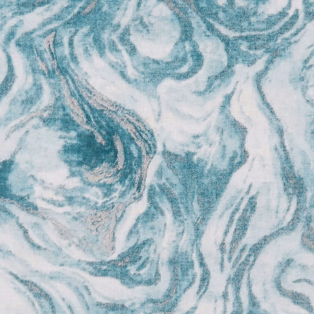 Mineral white sheer with cool kingfisher teal marbled swirls and flowing brush-like texture