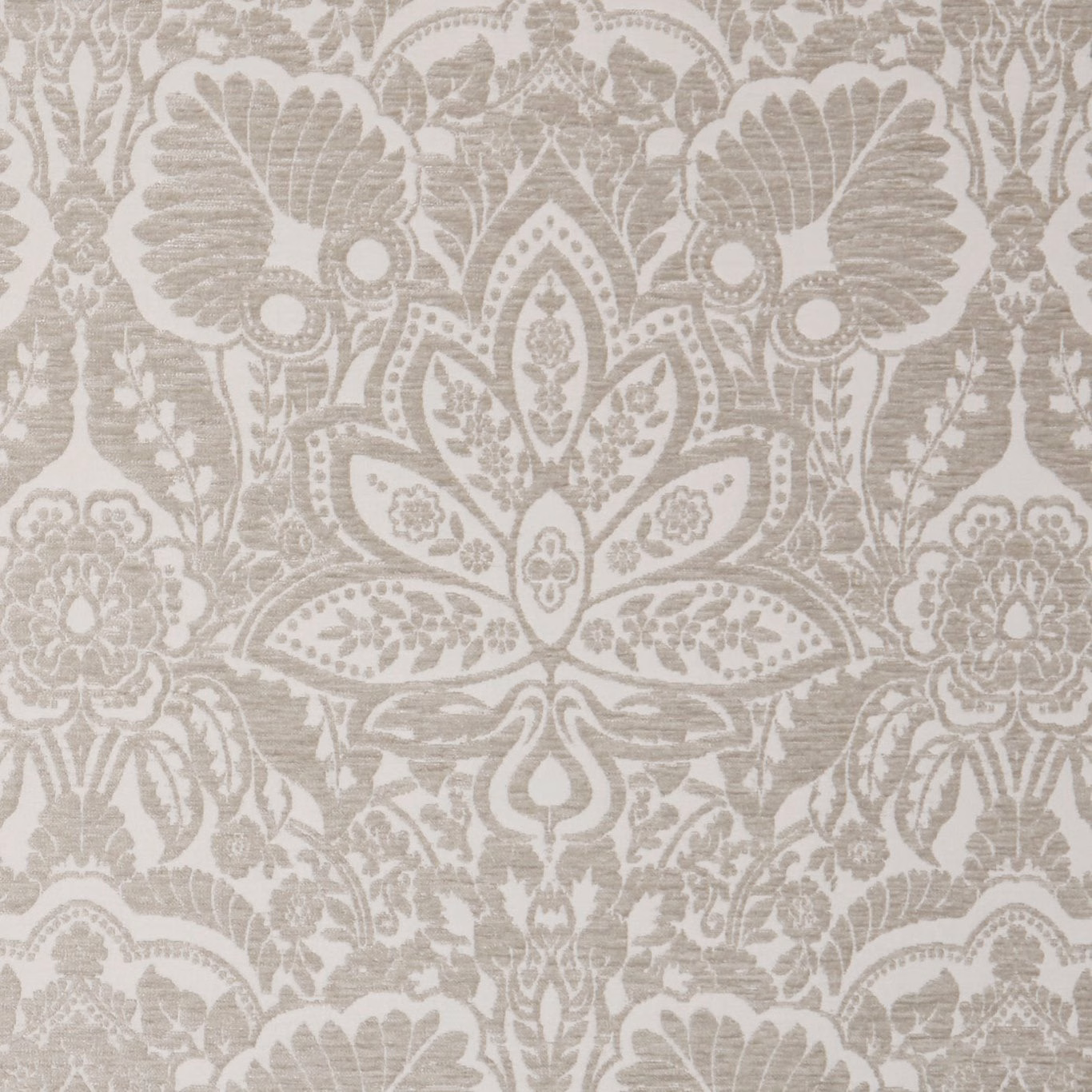 Champagne damask fabric with taupe-grey fans, florals and a central medallion