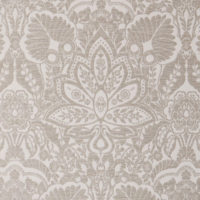 Champagne damask fabric with taupe-grey fans, florals and a central medallion