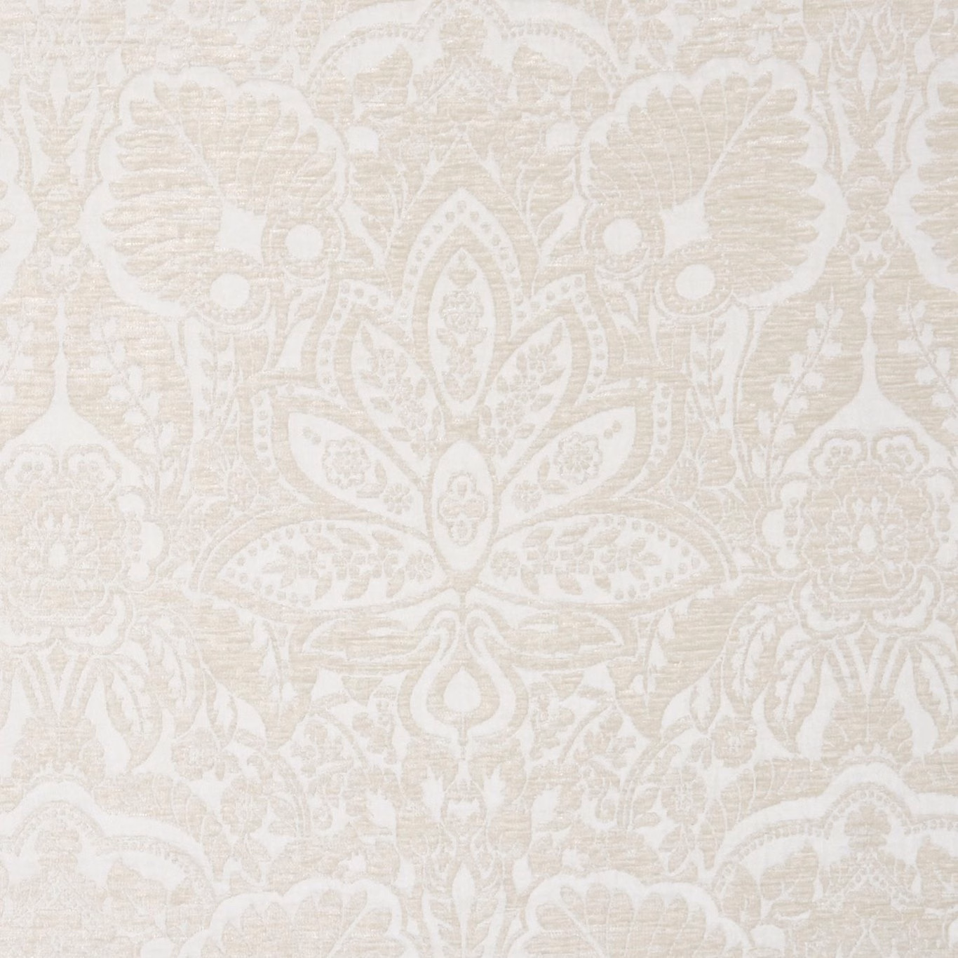 Pale ivory damask fabric with warm beige floral motifs and lightly textured woven surface