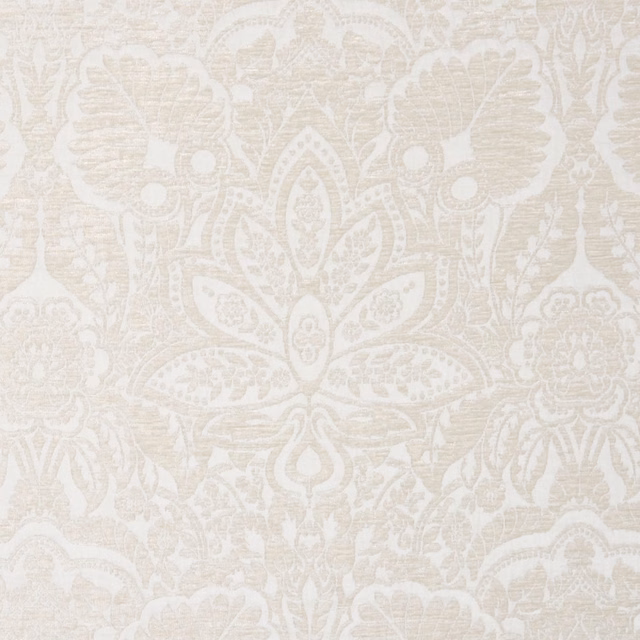 Pale ivory damask fabric with warm beige floral motifs and lightly textured woven surface