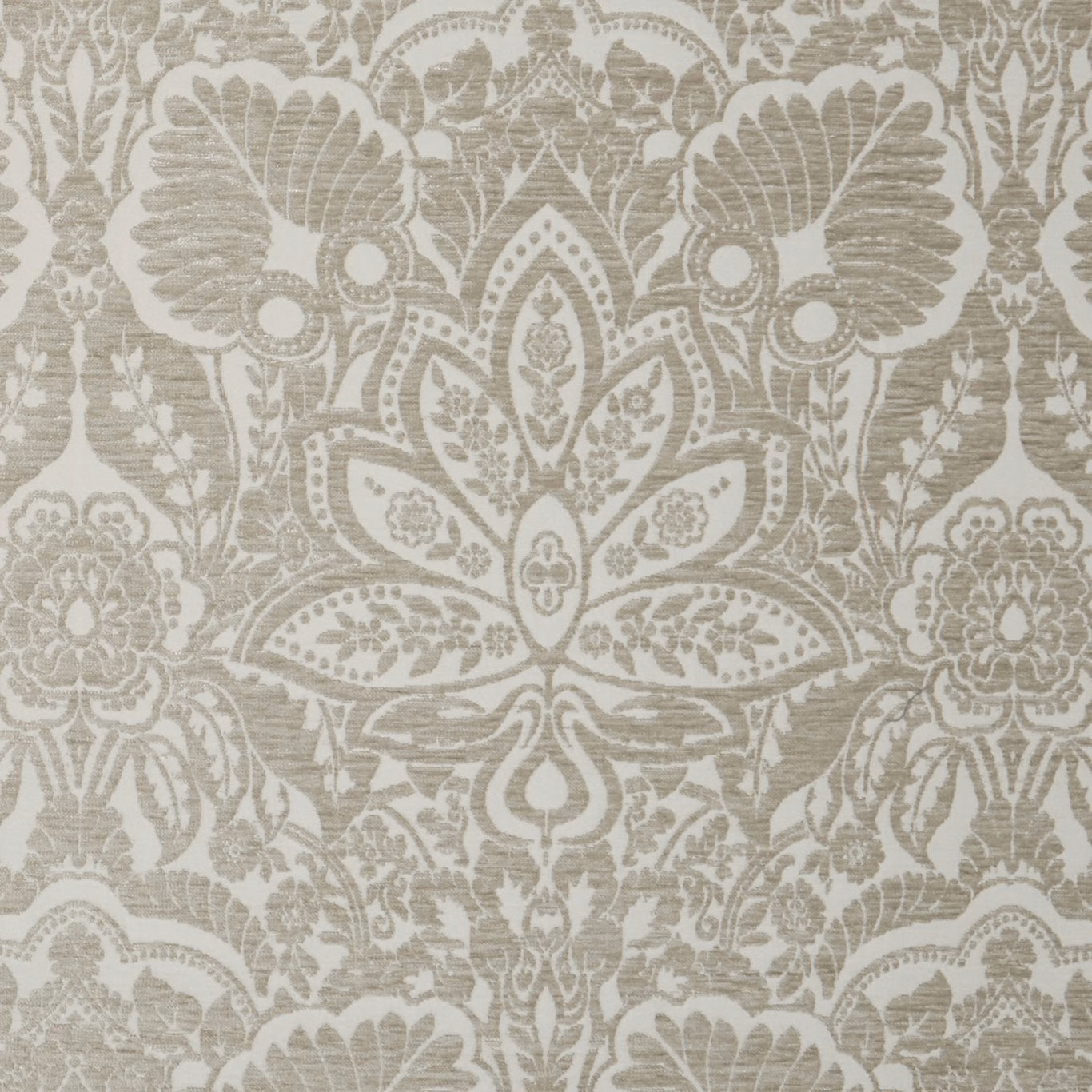 Muted taupe damask with pale grey botanical fans and floral motifs
