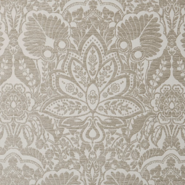 Muted taupe damask with pale grey botanical fans and floral motifs