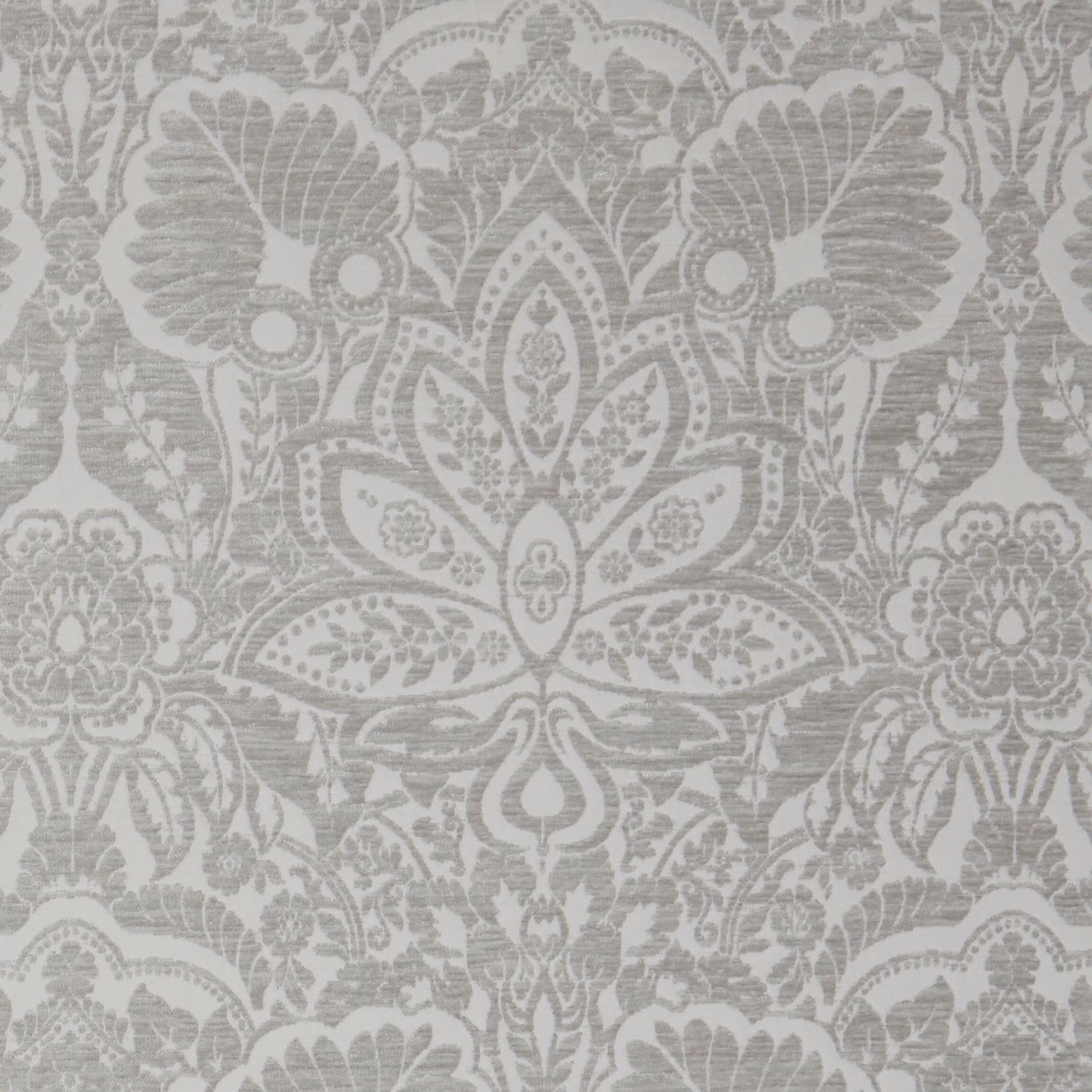 Soft silver-grey damask with pale floral medallions and a finely textured woven surface