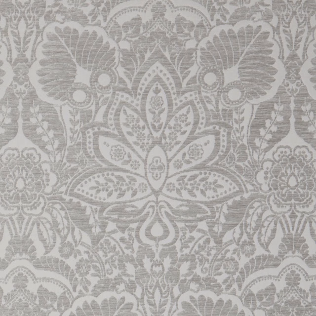 Soft silver-grey damask with pale floral medallions and a finely textured woven surface