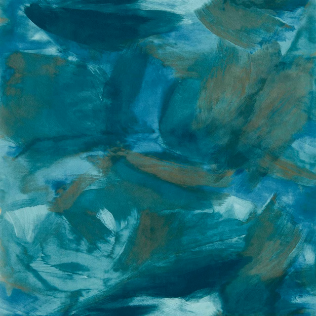 Layered midnight teal wallpaper with turquoise washes and taupe painterly brushstrokes