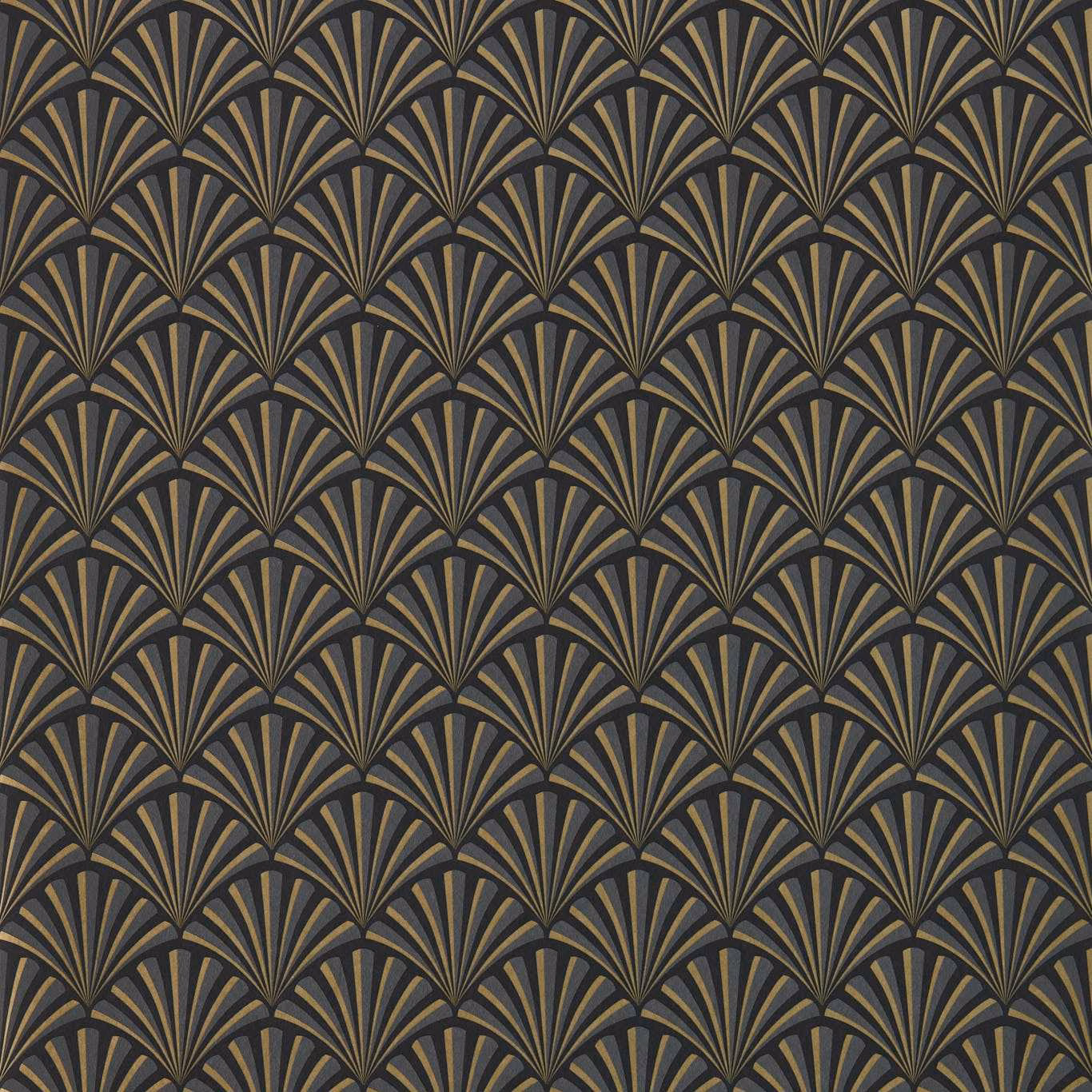 Charcoal wallpaper with repeating antique-gold Art Deco fan motifs and slate lines