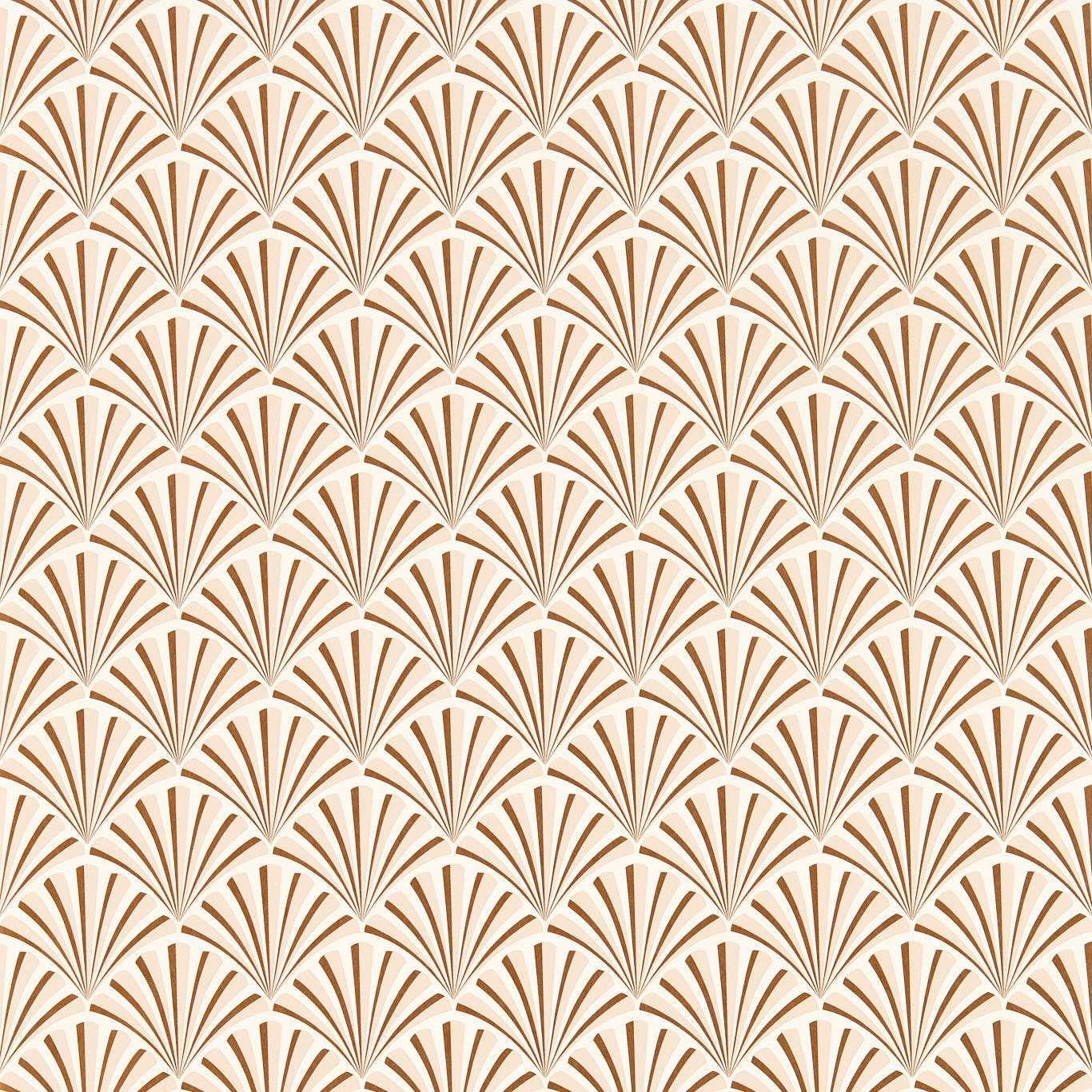 Cream wallpaper with repeating rose-gold Art Deco fan motifs and fine brown lines