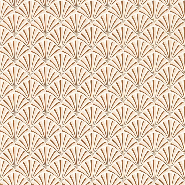 Cream wallpaper with repeating rose-gold Art Deco fan motifs and fine brown lines
