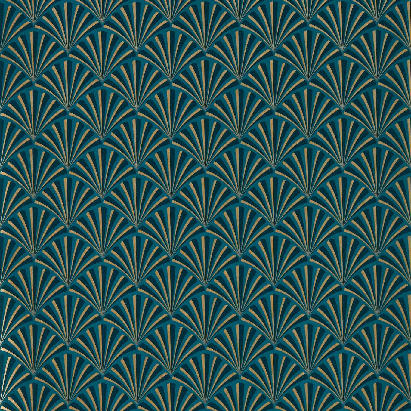 Deep teal wallpaper with repeating fan arches and fine gold-toned lines