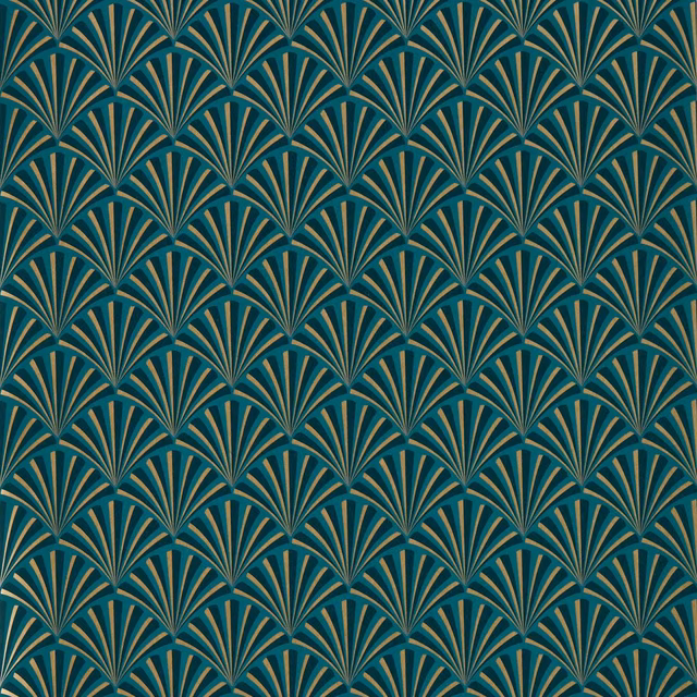 Deep teal wallpaper with repeating fan arches and fine gold-toned lines