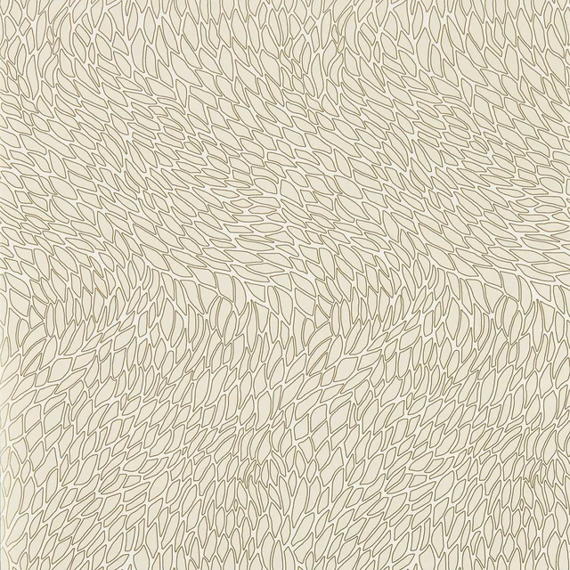 Warm ivory wallpaper with fine taupe leaf outlines flowing across the swatch