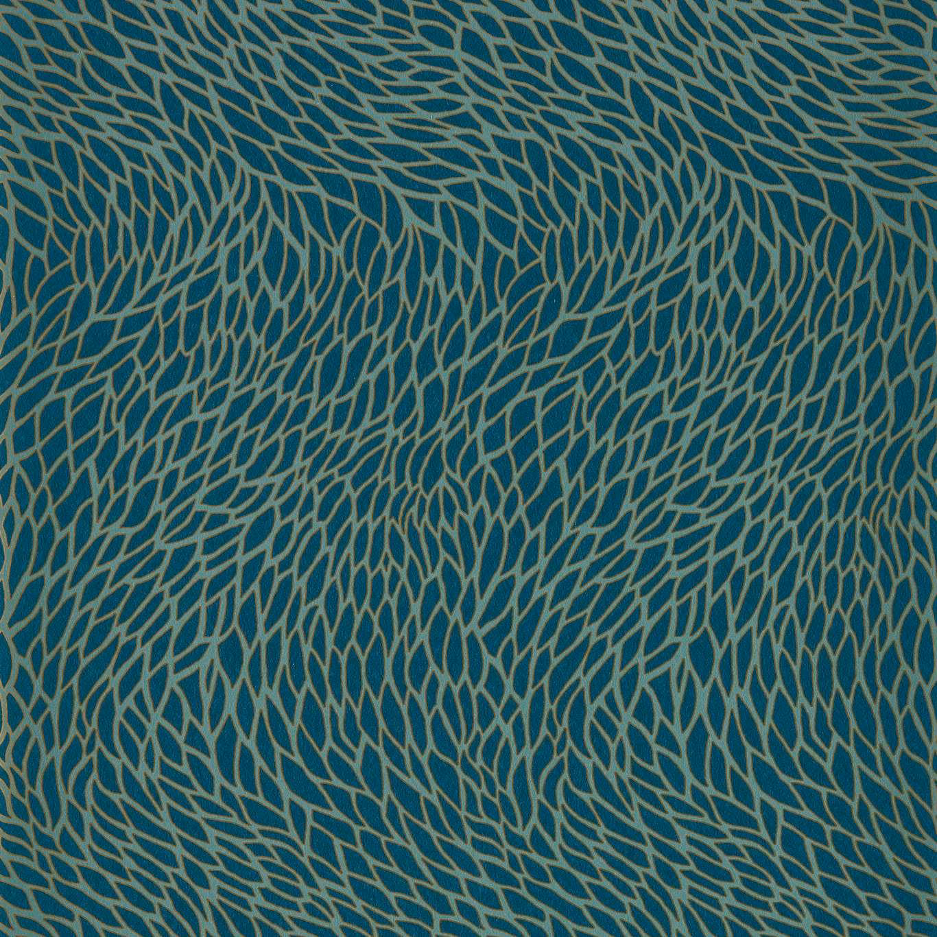 Deep teal wallpaper with flowing taupe-gold leaf-like lines in an overlapping organic pattern