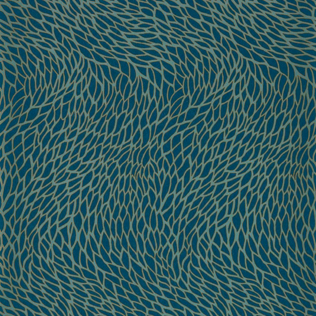 Deep teal wallpaper with flowing taupe-gold leaf-like lines in an overlapping organic pattern