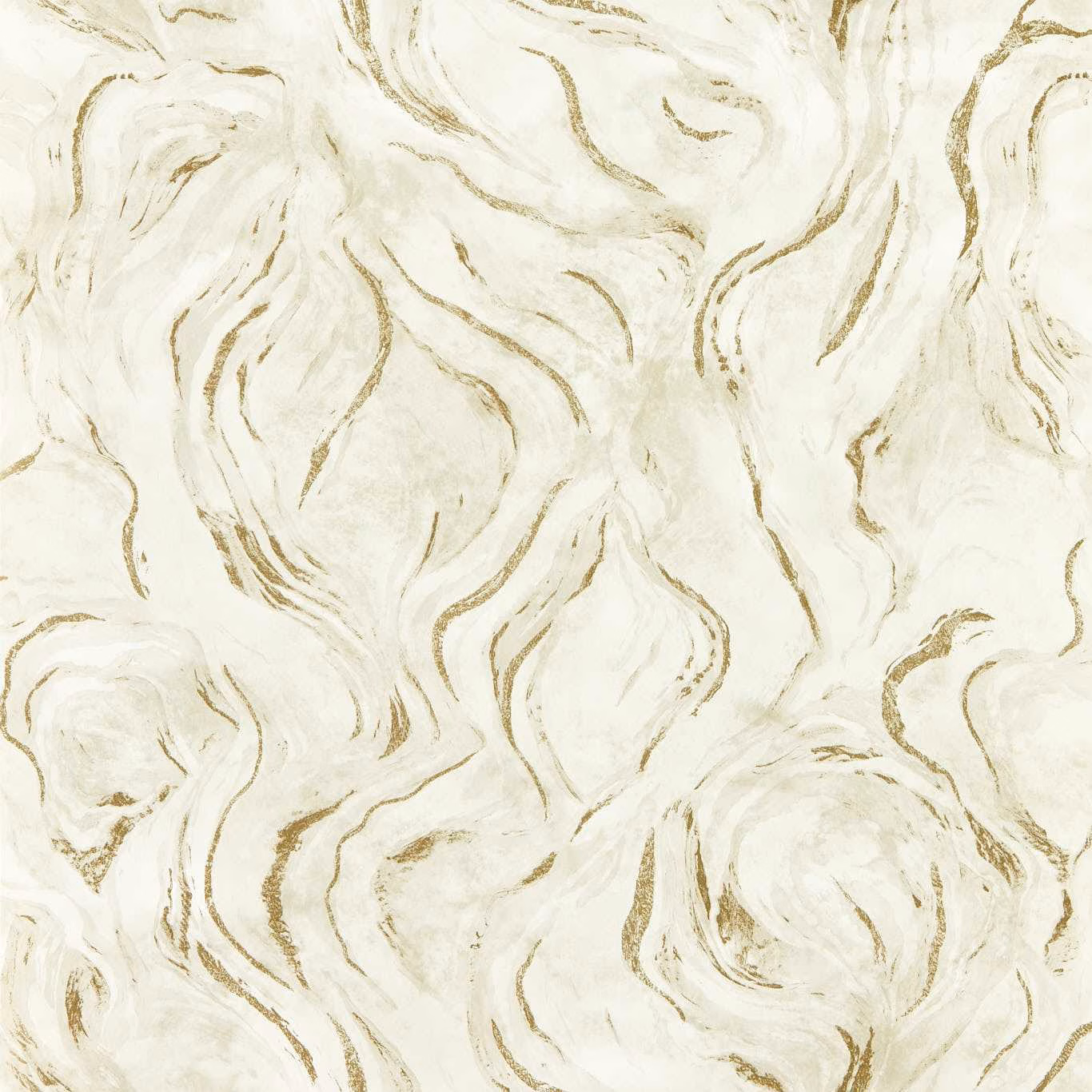 Ivory cream wallpaper with taupe-gold abstract marbled swirls and painterly feathered lines