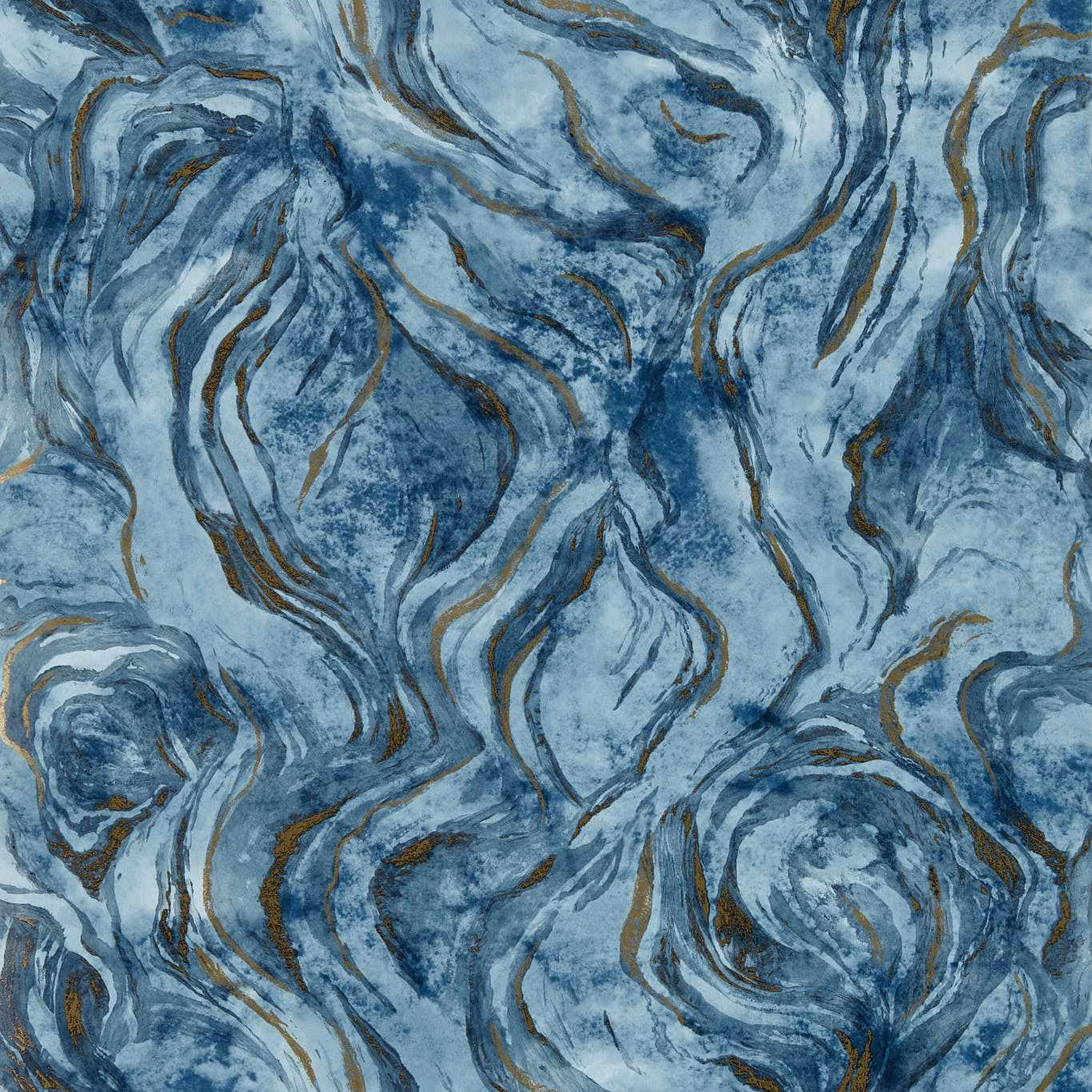 Icy blue abstract marble wallpaper with navy swirls and bronze-brown veins