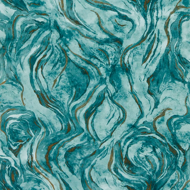 Aqua teal marbled wallpaper with sweeping dark teal and bronze veining