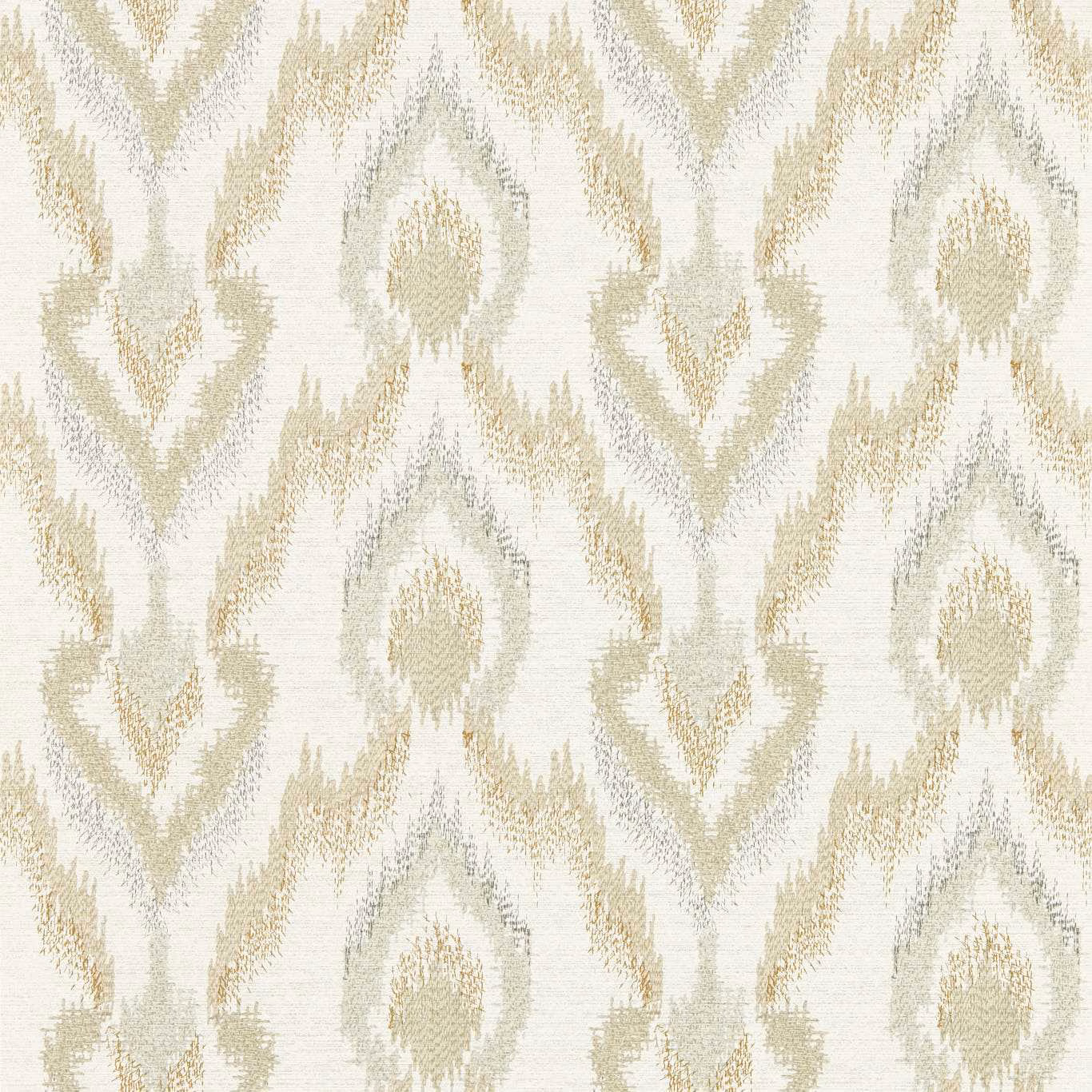 Pale cream wallpaper with muted sage and oat ikat medallions