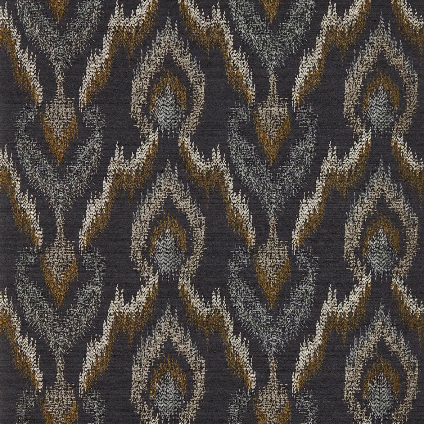 Charcoal wallpaper with pewter, ivory and ochre ikat-style geometric motifs