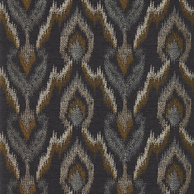 Charcoal wallpaper with pewter, ivory and ochre ikat-style geometric motifs
