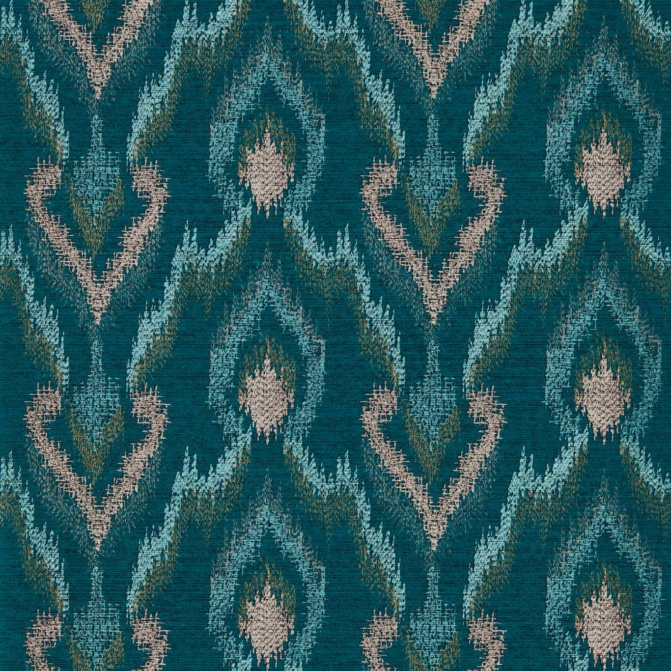 Deep teal wallpaper with aqua, olive and blush ikat-style motifs