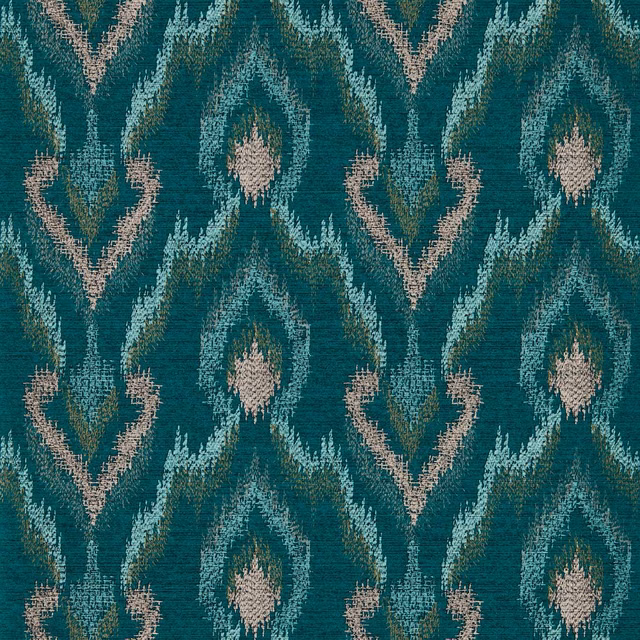 Deep teal wallpaper with aqua, olive and blush ikat-style motifs