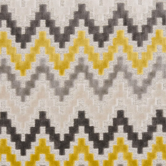 Chartreuse, charcoal and grey stepped zigzag bands on a textured cream weave