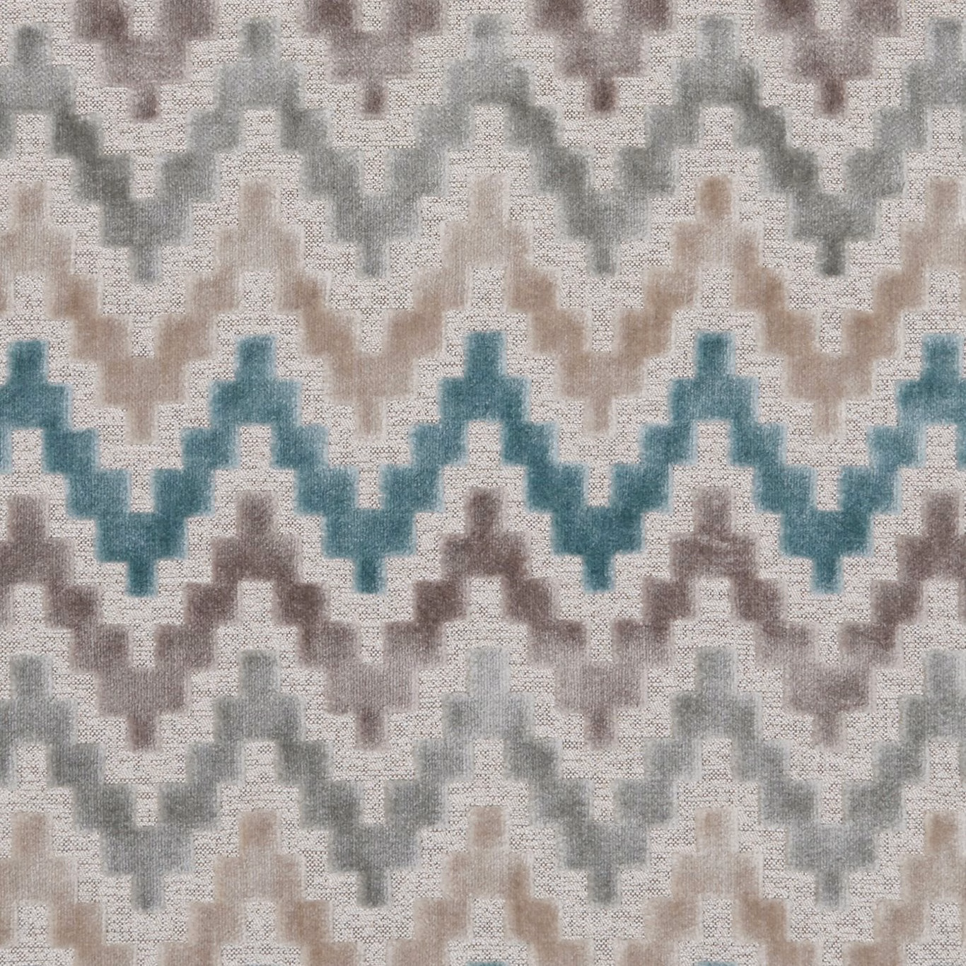 Mineral grey, taupe and teal stepped geometric weave on an ivory ground
