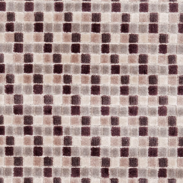 Textured cream and taupe check with scattered deep damson squares