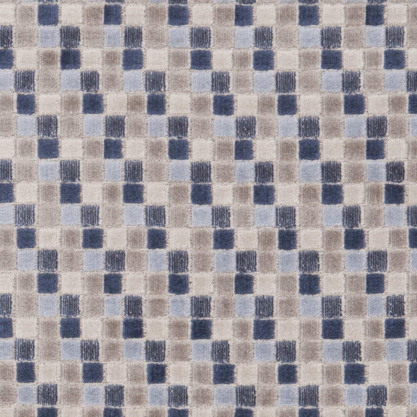 Muted denim-blue, ivory and taupe checks in a softly brushed woven texture