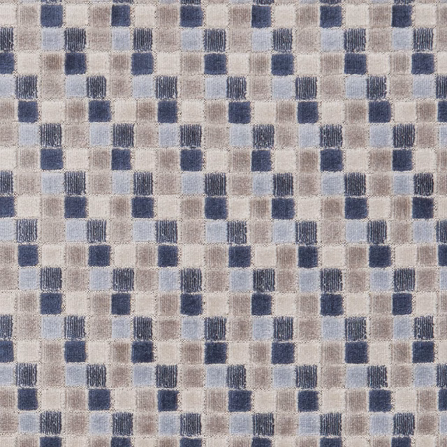 Muted denim-blue, ivory and taupe checks in a softly brushed woven texture