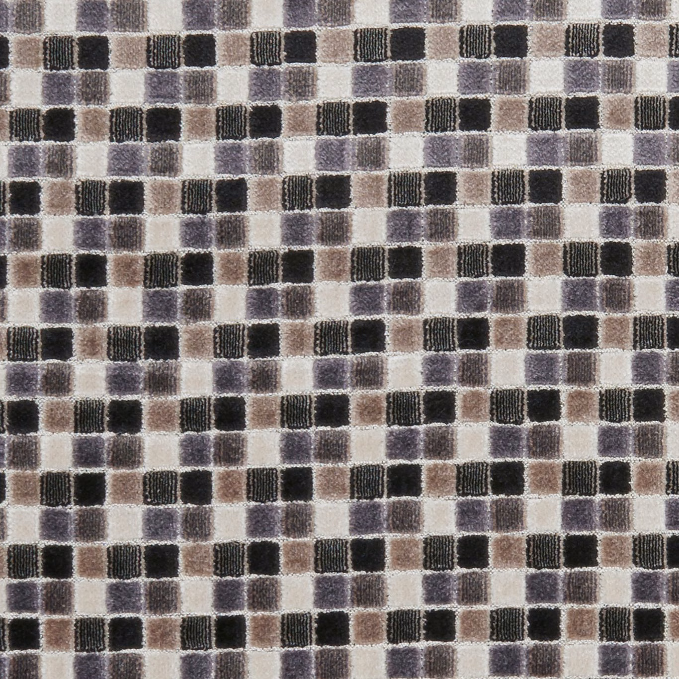 Ebony woven textile with black, cream, grey and taupe rectangular checks