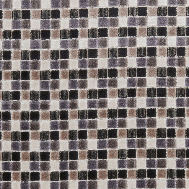 Ebony woven textile with black, cream, grey and taupe rectangular checks