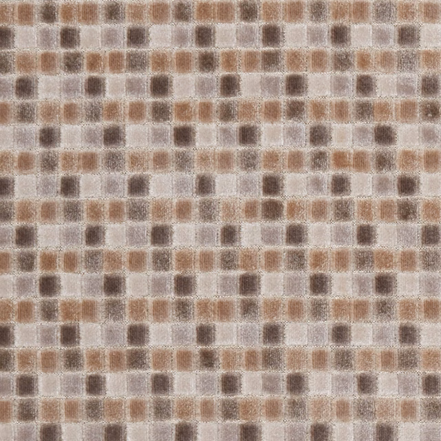 Warm oat, taupe and brown woven checks with a softly raised surface.