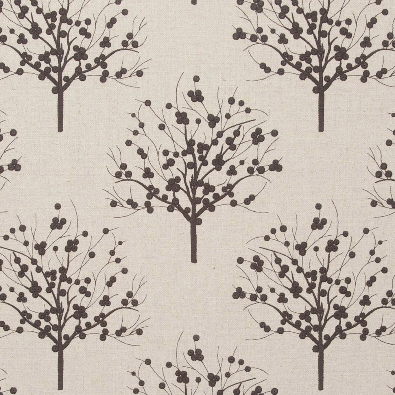 Warm nickel-grey fabric with repeating charcoal berry trees and finely woven texture