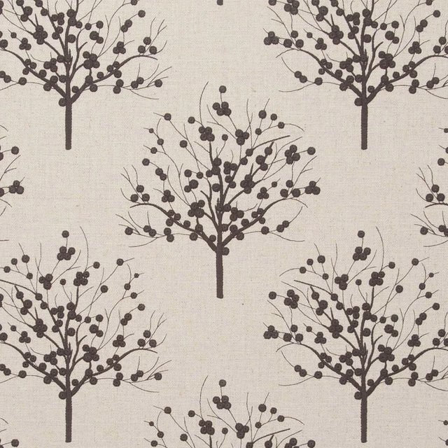 Warm nickel-grey fabric with repeating charcoal berry trees and finely woven texture