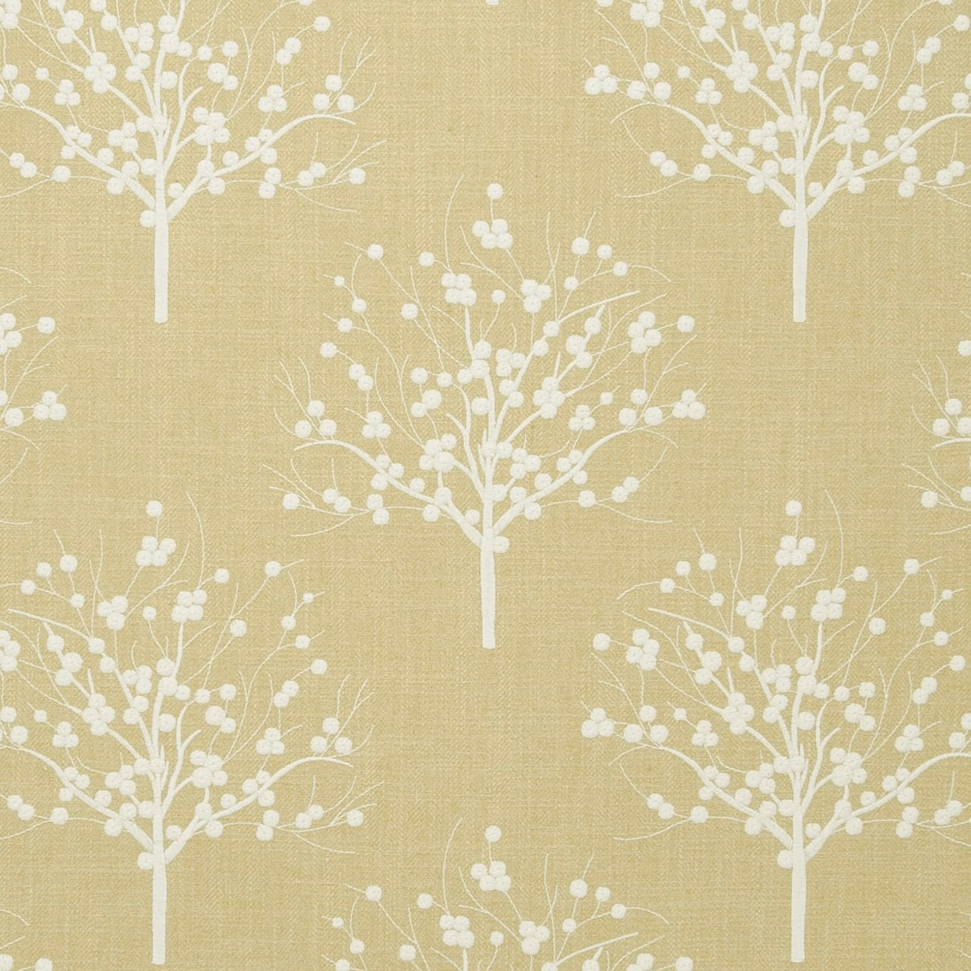 Muted sage woven ground with ivory branching tree motifs and tiny blossoms