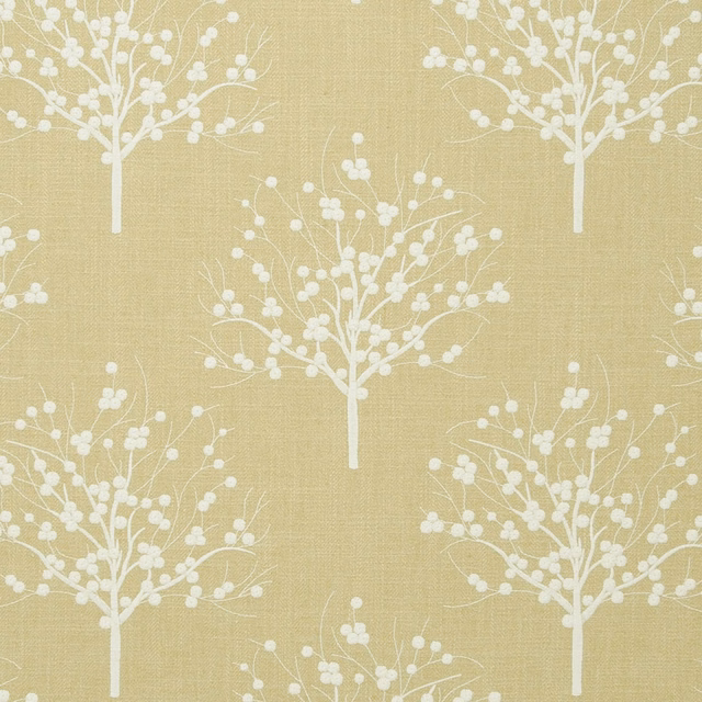 Muted sage woven ground with ivory branching tree motifs and tiny blossoms