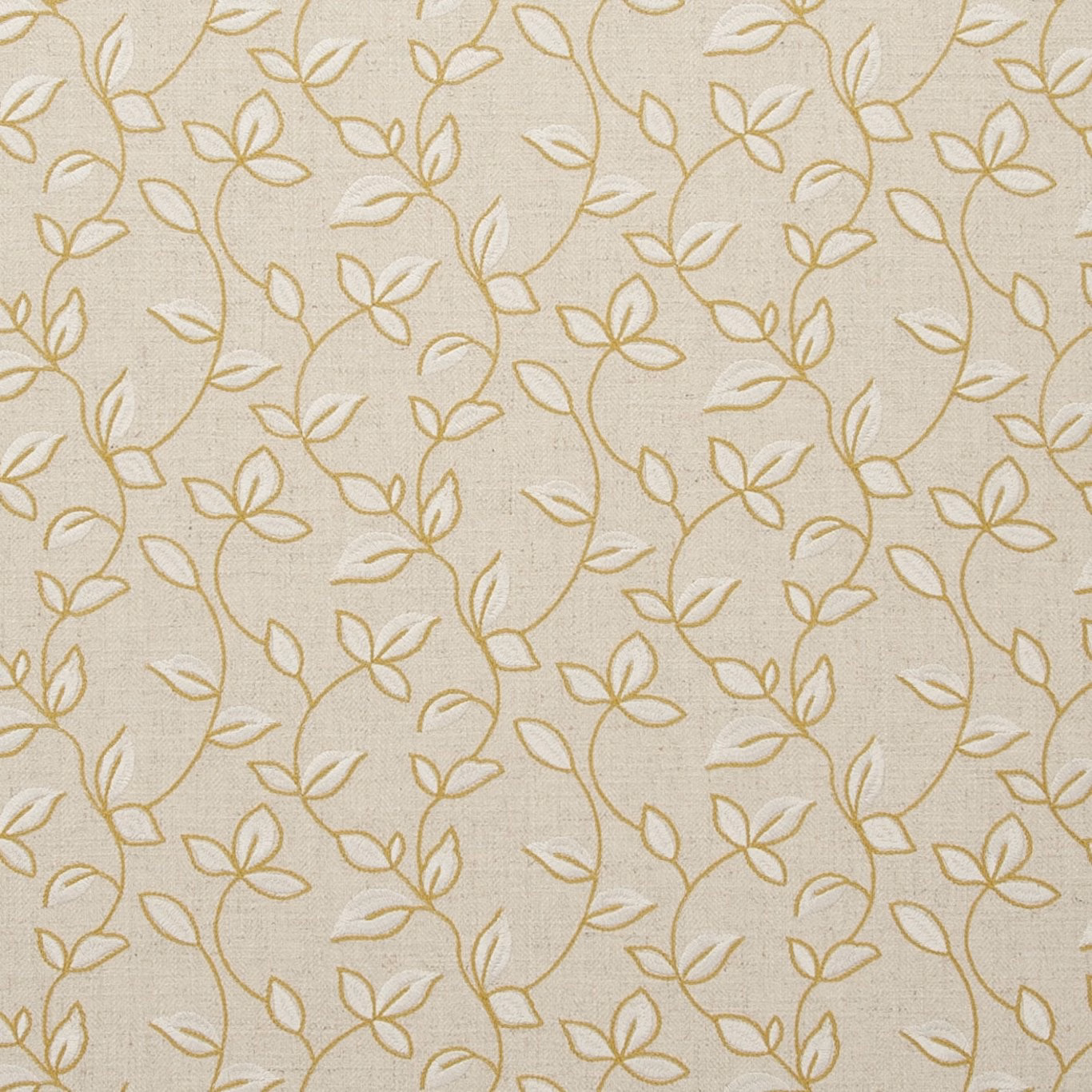 Warm ivory woven fabric with delicate antique-gold botanical stems, leaves and open flowers