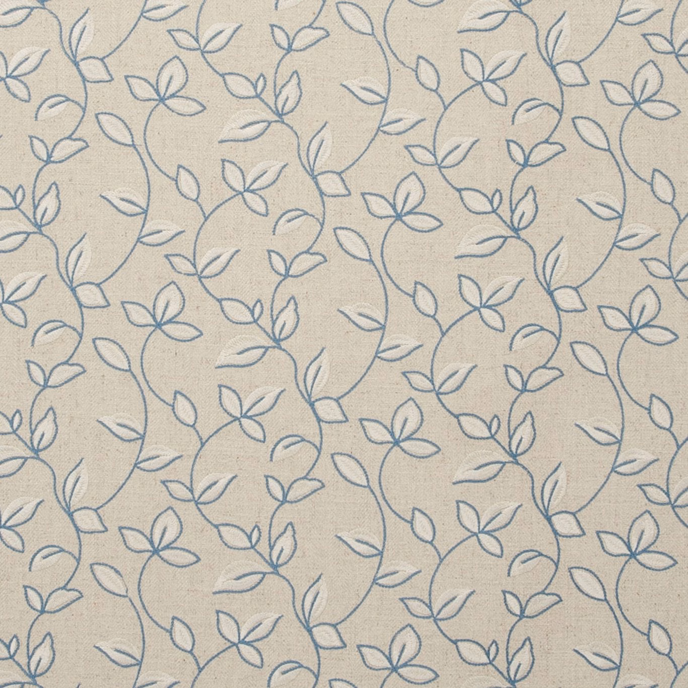 Warm beige woven ground with muted blue looping vines and outlined flowers