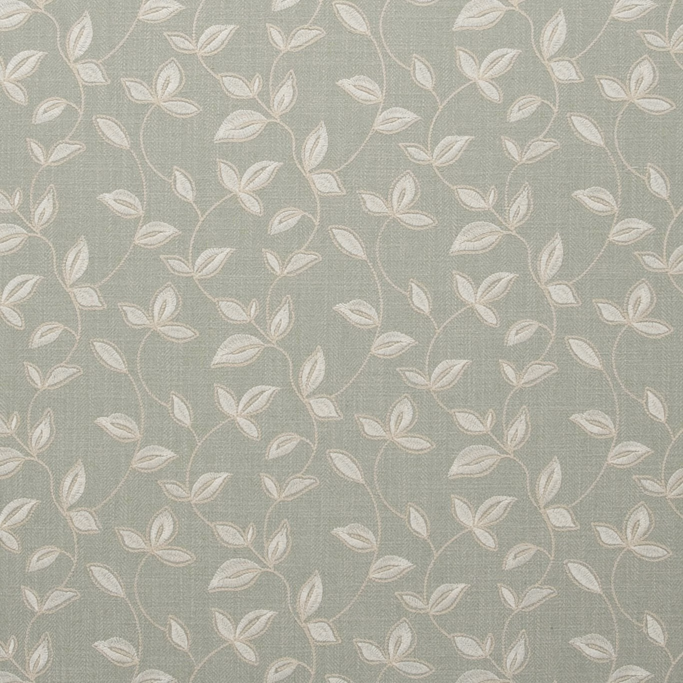 Muted duck-egg blue-green woven ground with chalky ivory curling leaves