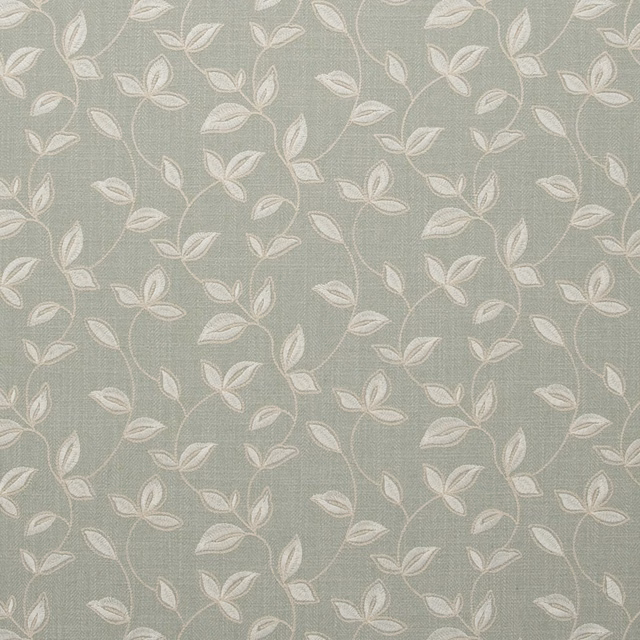 Muted duck-egg blue-green woven ground with chalky ivory curling leaves