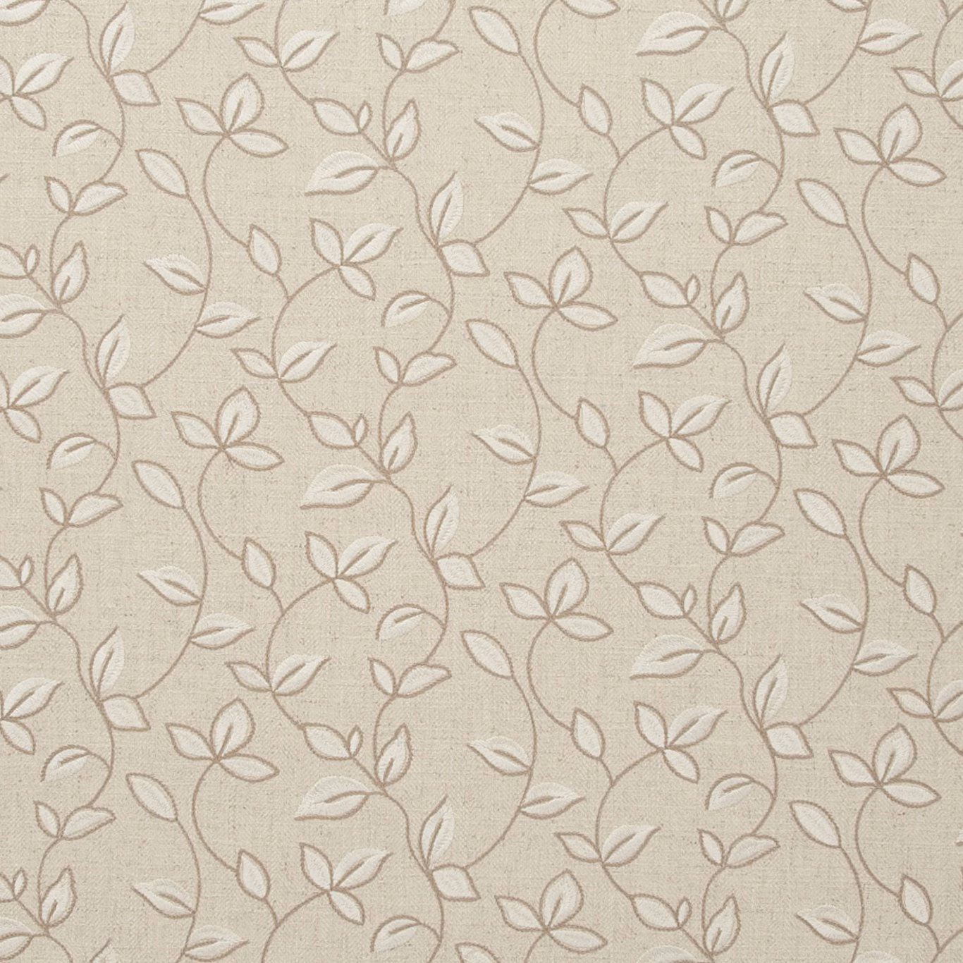 Warm beige woven fabric with taupe floral vines and pale cream leaves