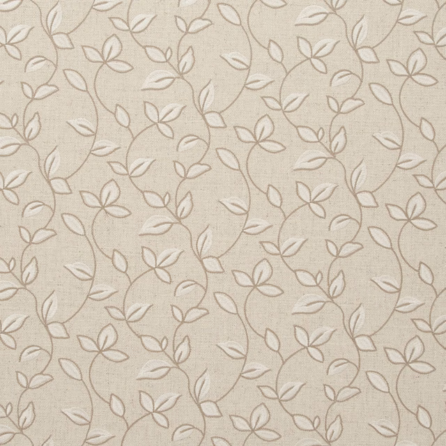Warm beige woven fabric with taupe floral vines and pale cream leaves