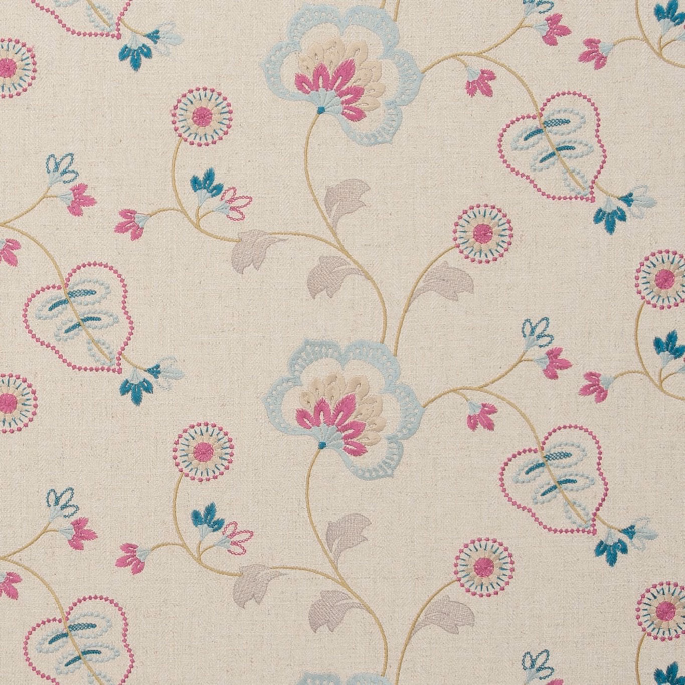 Soft duckegg floral weave with raspberry blossoms, teal leaves and taupe stems
